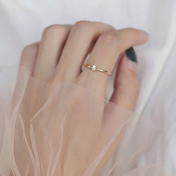 Sterling Silver "V" Shaped Stacking Gold Ring with Single Simulated Diamond - Picture 2 of 14